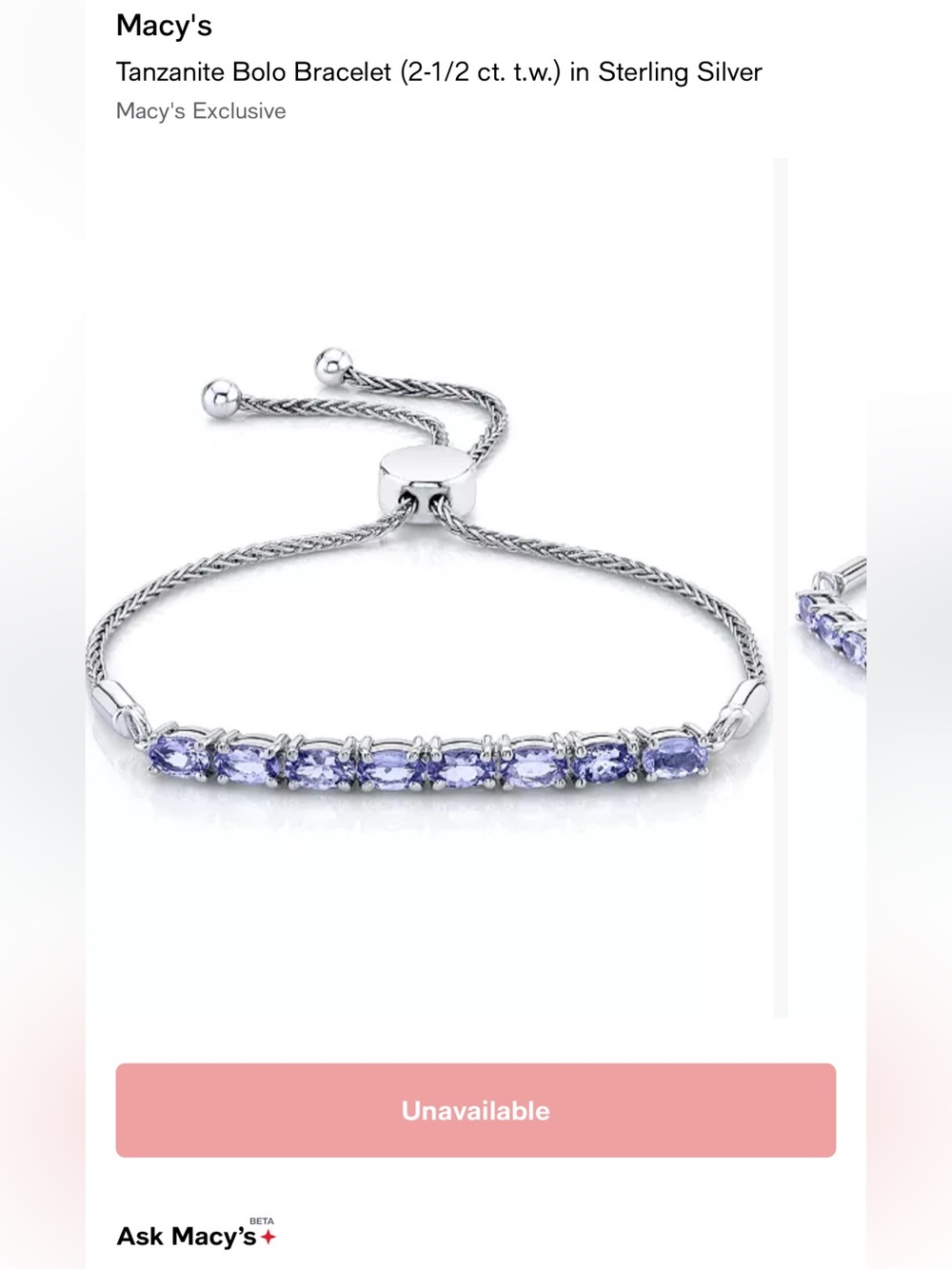 Macy's Sterling Silver Tanzanite Adjustable Bolo Bracelet